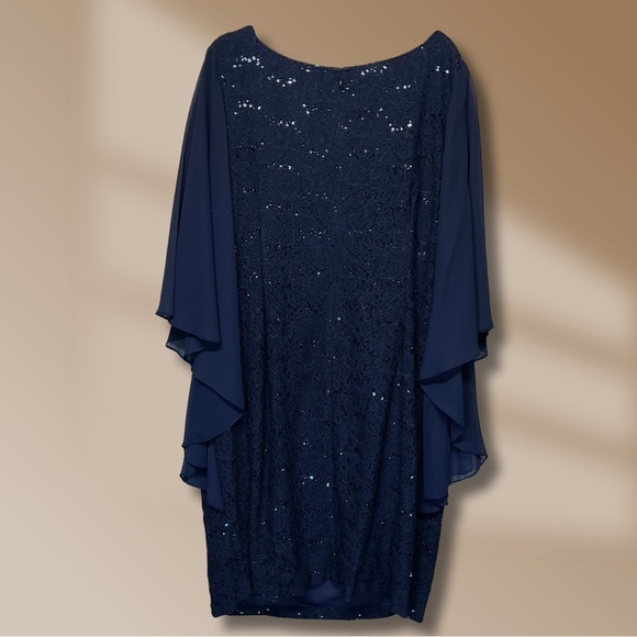 Alex Evenings Plus Size 20W Cape Sleeve Blue Sheath Lace Cocktail Event Dress - Picture 2 of 2